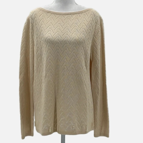 St. John Sport Boatneck Pointelle Knit Wool Blend Sweater in Tan - Size Large - Picture 1 of 12